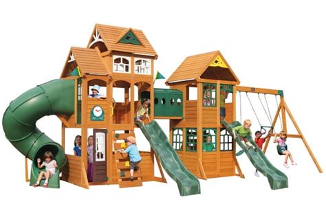 kidkraft paramount wooden swing set with two clubhouses.